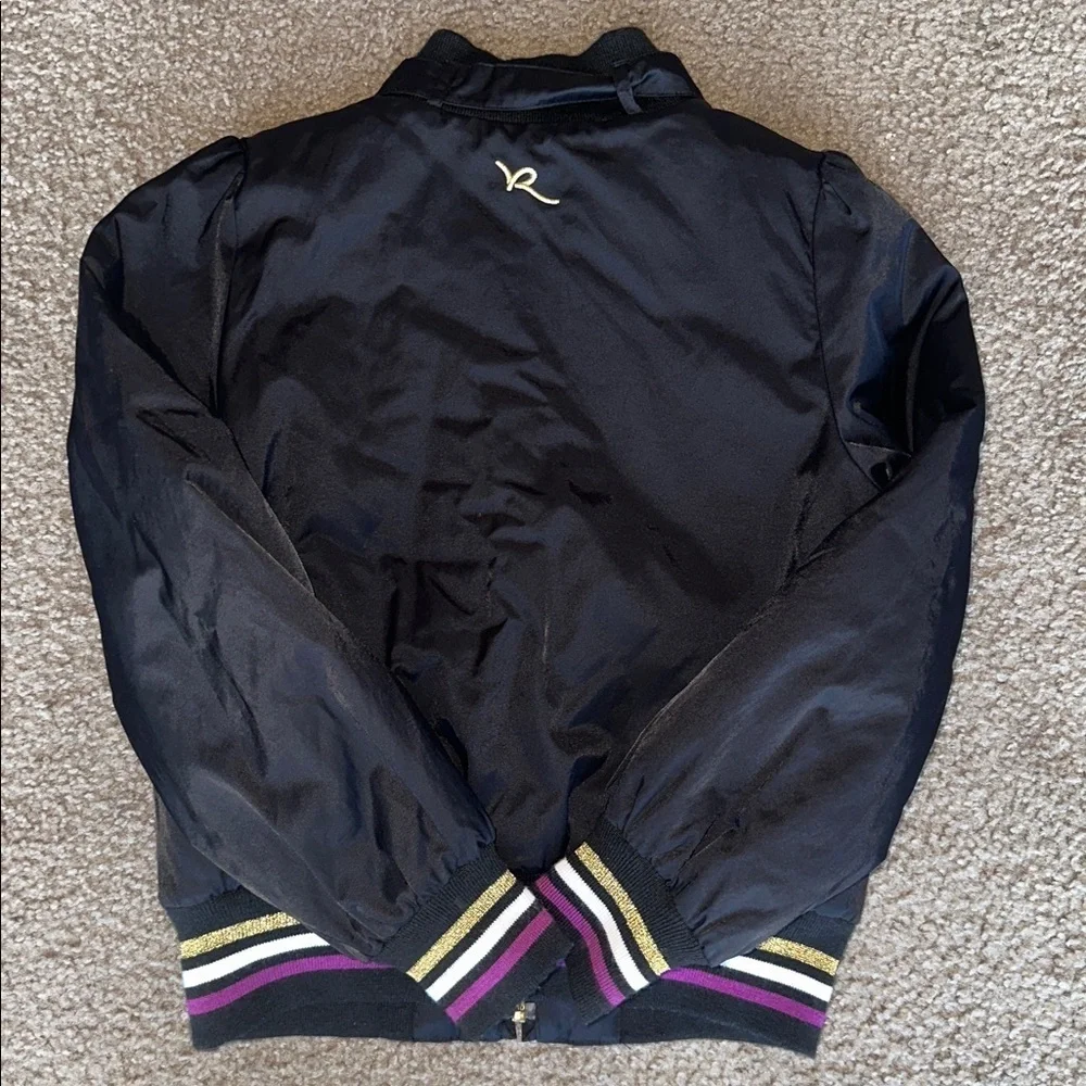 Rocawear Kids Black Puffer Jacket with Gold, Purple and White Stripes